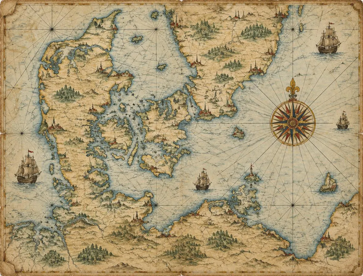 Illustrated antique-style chart of the western Baltic Sea showing Jutland, the Danish islands, southern Sweden and the north German coast with sailing ships and a compass rose