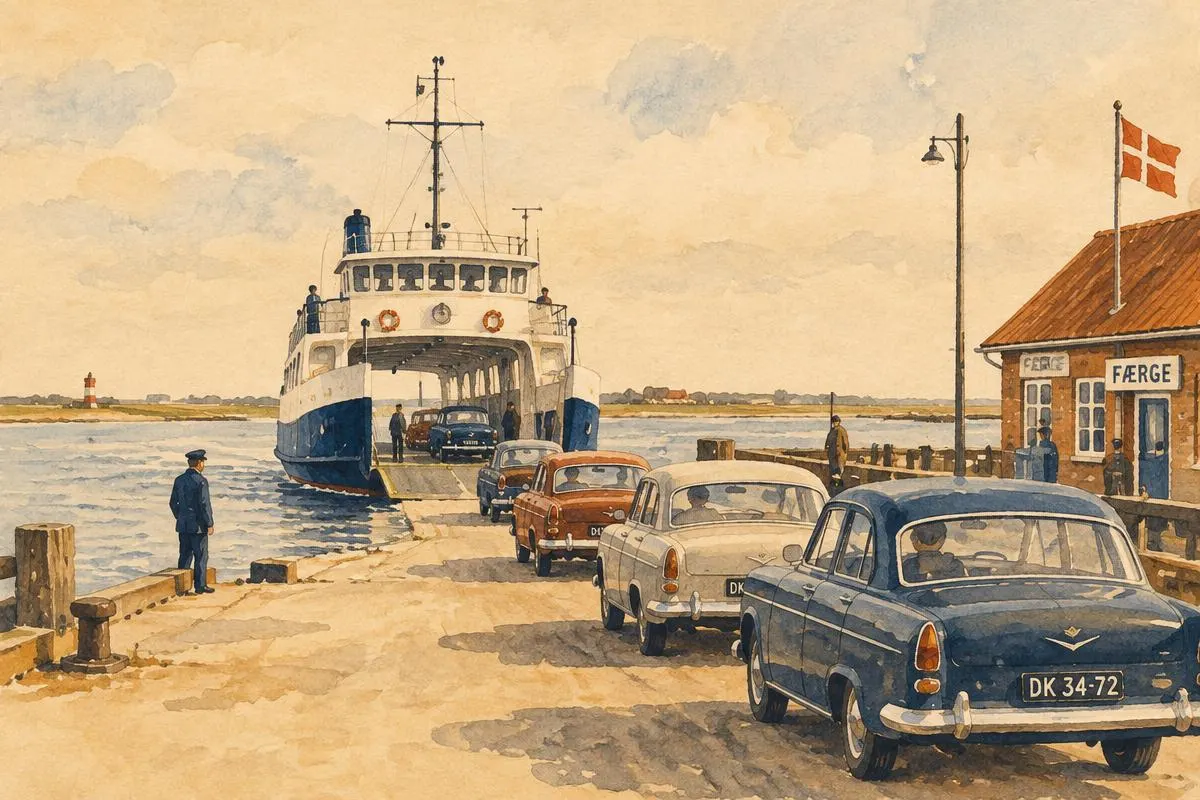 Watercolour illustration of vintage cars queuing to board a blue and white car ferry at a Danish harbour