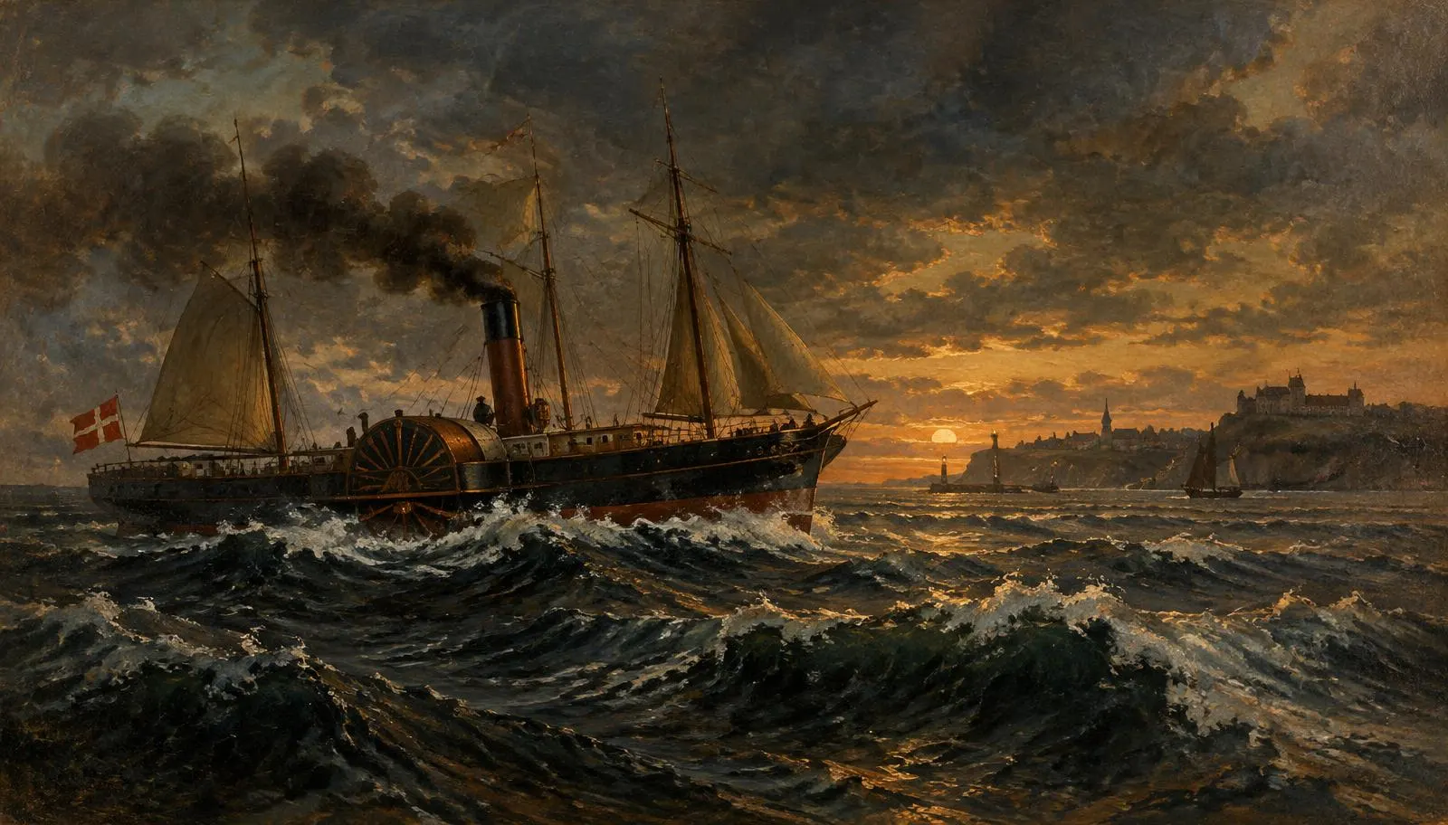Painted illustration of a nineteenth-century paddle steamer with sails crossing a rough Baltic sea at sunset, a coastal town and lighthouse in the distance