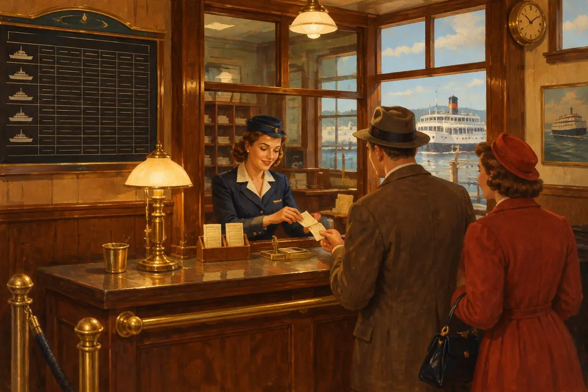 Painted illustration of travellers buying paper tickets at a wood-panelled ferry ticket office with a ship visible through the window