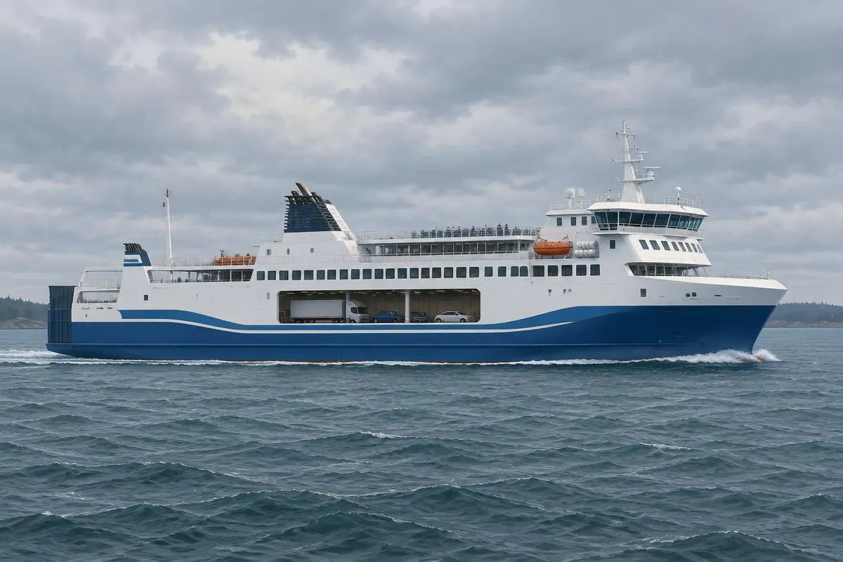 Illustration of a modern blue and white passenger and vehicle ferry at sea with cars and a lorry visible on the open car deck