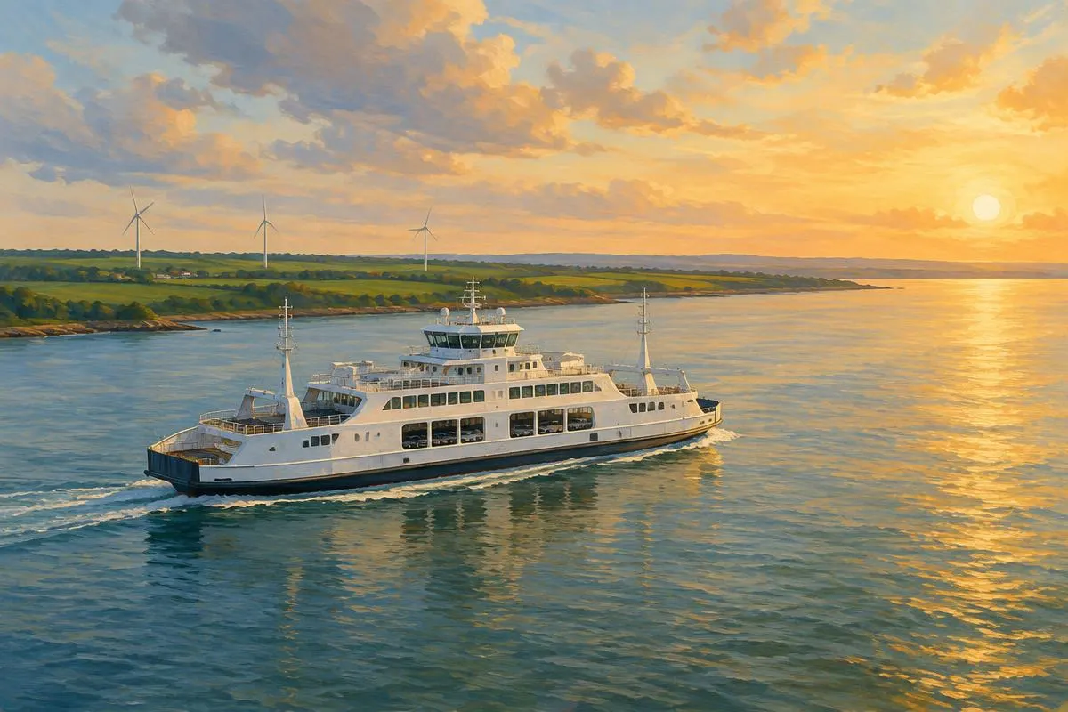Illustration of a white double-ended ferry crossing calm water at sunset along a low green coastline with wind turbines