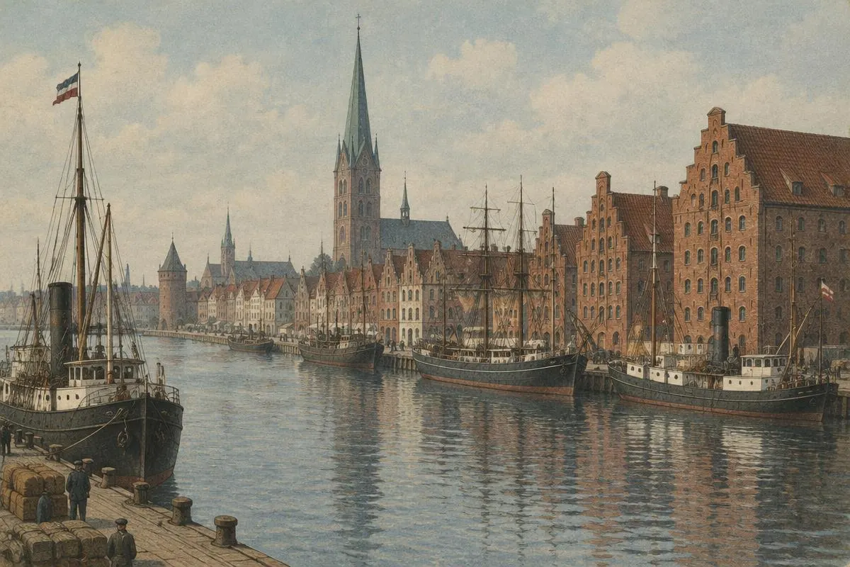 Illustration of a historic Baltic port with brick gabled warehouses, a Gothic church spire and steamships moored along the quay